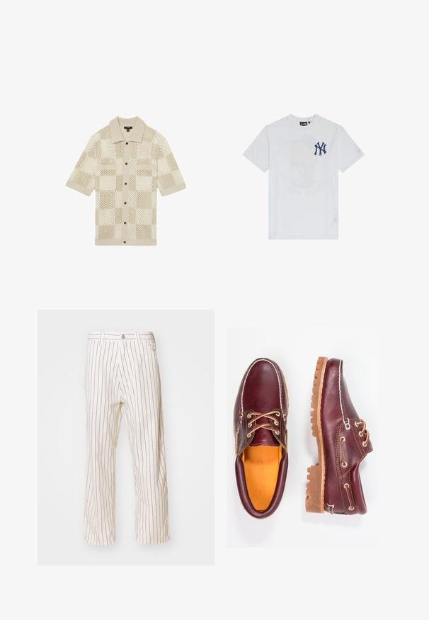 Beżowa koszula z krótkim rękawem, dziana w kratkowany wzór siatkowy. Posiada kołnierzyk, dwie przednie kieszenie i brązowe guziki. Miękka w dotyku.; Biała bawełniana koszulka z logo Nowego Jorku Yankees w granatowym kolorze oraz subtelnym nadrukiem kubełka popcornu na przodzie.; Beżowe spodnie w paski o luźnym kroju, z pionowymi brązowymi paskami, z zapięciem na guzik z przodu i bocznymi kieszeniami.; Bordowe skórzane buty z brązowymi gumowymi podeszwami, okrągły czubek, białe przeszycia i złote oczka. Wnętrze posiada żółtą podszewkę.