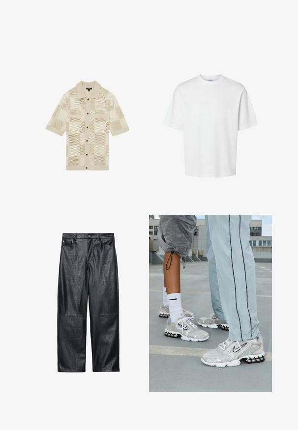Beige rövidujjú ing, kockás hálós mintával kötve. Gallérral, két elülső zsebbel és barna gombokkal rendelkezik. Puha tapintású.; Fehér pamut póló rövid ujjakkal, kerek nyakkivágással és laza szabással. Simább textúra, látható minták vagy kiegészítők nélkül.; Fekete műbőr, széles szárú nadrág krokodilbőr hatással, hagyományos öt zsebes dizájnnal és ezüstszínű gombbal, valamint szegecsekkel.; Nike sportcipő ezüst hálós anyagból, fehér fűzőkkel, fekete swoosh logóval és fekete-piros légpárnás talppal.