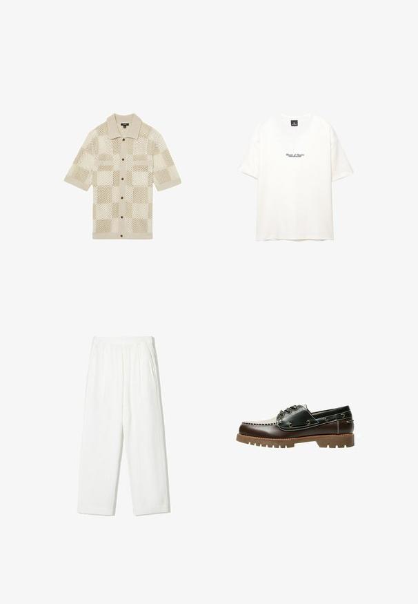 Maglietta beige a maniche corte, lavorata a maglia con un motivo a rete a quadri. Presenta un colletto, due tasche frontali e bottoni marroni. Texture morbida.; T-shirt bianco in cotone con collo rotondo e maniche corte. Il fronte presenta la scritta "Master of Masters" in blu scuro.; Pantaloni bianchi a gamba larga realizzati in tessuto testurizzato. Presentano una vita elastica e due tasche laterali. Design casual e vestibilità ampia.; Scarpa da barca in pelle marrone e nera con lacci, cuciture a contrasto e suola in gomma texturizzata. Presenta occhielli in metallo e punta arrotondata.