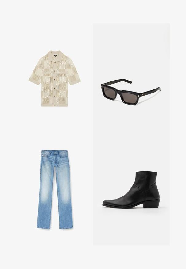 Beige rövidujjú ing, kockás hálós mintával kötve. Gallérral, két elülső zsebbel és barna gombokkal rendelkezik. Puha tapintású.; Világoskék egyenes szárú farmernadrág, elhasználódott kinézettel, ötpocketos kialakítással és a varrás mentén látható varrási részletekkel.; Fekete bőr bokacsizma hegyes orral, minimális varrási részletekkel, közepes magasságú tömbsarkúval és sima, fényes felülettel.; Fekete téglalap alakú napszemüveg sötét lencsékkel, vastag műanyag keret, arany díszítések a szárakon, és a márka logója gravírozva a szára.