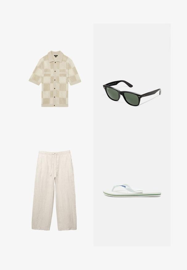 Beige Kurzarmhemd, gestrickt mit einem karierten Netzmuster. Mit Kragen, zwei Fronttaschen und braunen Knöpfen ausgestattet. Weiche Textur.; Leinenhosen in hellbeige, mit einem elastischen Bund und Zugkordel, weitem Beinansatz und seitlichen Taschen. Glatte Textur.; Weiße Flip-Flops mit strukturierter Innensohle, schlanken Riemen und einer mehrfarbigen Akzentlinie an der Sohle. Mit Logo auf dem Riemen.; Schwarze Plastiksonnenbrille mit grünen Gläsern, quadratischen Rahmen, silbernem Akzent auf der Augenbraue und strukturierten Bügeln. Angegebene Marke auf dem inneren Bügel.