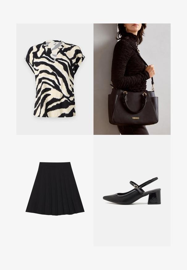T-shirt à manches courtes en tissu léger, présentant un motif zèbre noir et crème, avec un col en V subtil et une coupe ample.; Haut à manches longues noir avec des manches en maille transparente et un haut du buste, corps solide, décolleté carré et silhouette ajustée.; Jupe plissée noire en tissu texturé avec une taille ajustée. Arrive au genou, présentant une silhouette lisse et épurée.; Escarpins slingback en cuir verni noir avec un embout pointu, un design à découpes arrondies et un talon carré. Présente un accent de boucle en ton doré.; Sac à main noir avec surface texturée, deux poignées supérieures et bandoulière réglable. Doté de quincaillerie dorée et de poches latérales.