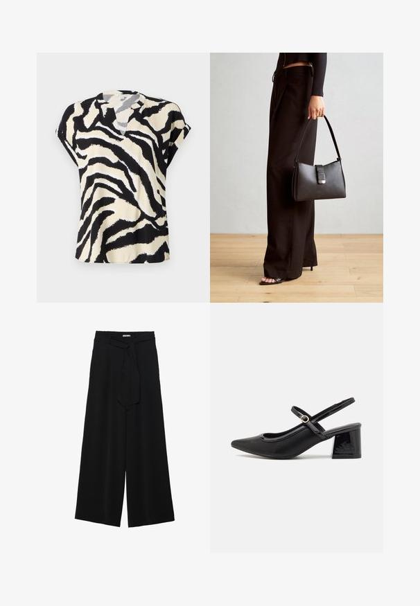 Majica s kratkimi rokavi iz lahkotnega materiala z vzorcem črno-krem zebre, z diskretnim V-izrezom in ohlapnim krojem.; Črne široke hlače iz teksturirane tkanine, z elastičnim pasom in odstranljivim trakom na pasu za prilagodljivo prileganje.; Črne patentne usnjene salonarce s slingback obliko, s koničastim nosom, zaobljenim izrezom in blok peto. Imajo zlato kovinsko zaponko kot dodatno okrasje.; Črna torbica z strukturirano obliko, gladko teksturo in kovinskim zaponko. Ujemajo se z širokimi črnimi hlačami in odprtimi sandali na lesenem tleh.