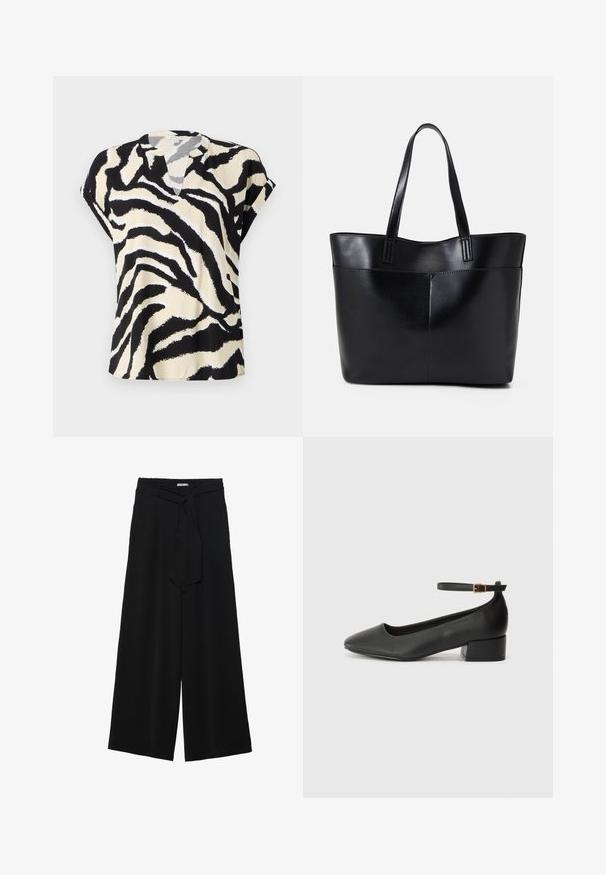 Short-sleeve top in lightweight fabric featuring a black and cream zebra pattern, with a subtle V-neck and loose fit.; Black wide-leg pants featuring a textured fabric, an elastic waistband, and a detachable sash tie at the waist for adjustable fit.; Black leather pump with a pointed toe and a low block heel. Features an ankle strap with a gold-tone buckle. Smooth texture.; Black leather tote bag with two long handles, a smooth texture, and a structured shape. Features a front pocket for additional storage.