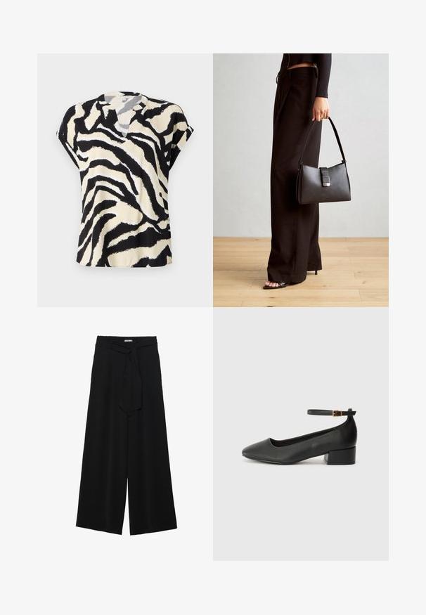 Short-sleeve top in lightweight fabric featuring a black and cream zebra pattern, with a subtle V-neck and loose fit.; Black wide-leg pants featuring a textured fabric, an elastic waistband, and a detachable sash tie at the waist for adjustable fit.; Black leather pump with a pointed toe and a low block heel. Features an ankle strap with a gold-tone buckle. Smooth texture.; Black handbag with structured shape, smooth texture, and a metallic clasp. Paired with wide black pants and open-toe sandals on wooden floor.