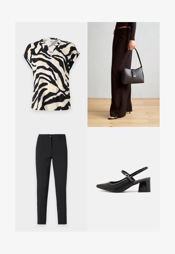 Kortermet topp i lett stoff med et svart og kremfarget zebra mønster, med en subtil V-hals og løs passform.; Sorte tettsittende bukser i glatt stoff, med klassisk midjebånd, frontal glidelås og sidelommer, med en strømlinjeformet, skreddersydd design.; Sorte lakk lær slingback hæler med spiss tå, et avrundet utskjæringsdesign og blokkheel. Har en gulltone spenne som detalj.; Svart håndveske med strukturert form, jevn tekstur og metallisk lås. Kombinert med brede svarte bukser og sandaler med åpen tå på tregulv.