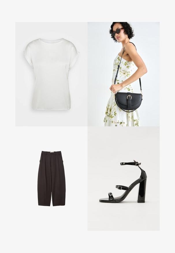 Valkoinen satiininen lyhythihainen paita, jossa on pyöreä kaula-aukko. Suora pinta ja löysä istuvuus. Käänteet lisäävät hienovaraisia yksityiskohtia. Minimalistinen muotoilu.; Mustat leveälahkeiset housut, jotka on valmistettu sileästä kankaasta. Niissä on korkea vyötärö, etupleatsit ja sivutaskut. Yksinkertainen muotoilu ilman koristeita.; Musta kiiltäväpintainen korkokengät, joissa on kaksi solkikiinnitystä, neliönmuotoinen kärki ja paksu korko, sileällä, kiiltävällä pintarakenteella.; Musta nahkainen käsilaukku, joka on kaareva muotoilultaan, irrotettavalla hihnalla ja kultaisilla yksityiskohdilla. Laukussa on läppä, jossa on solk yksityiskohta.