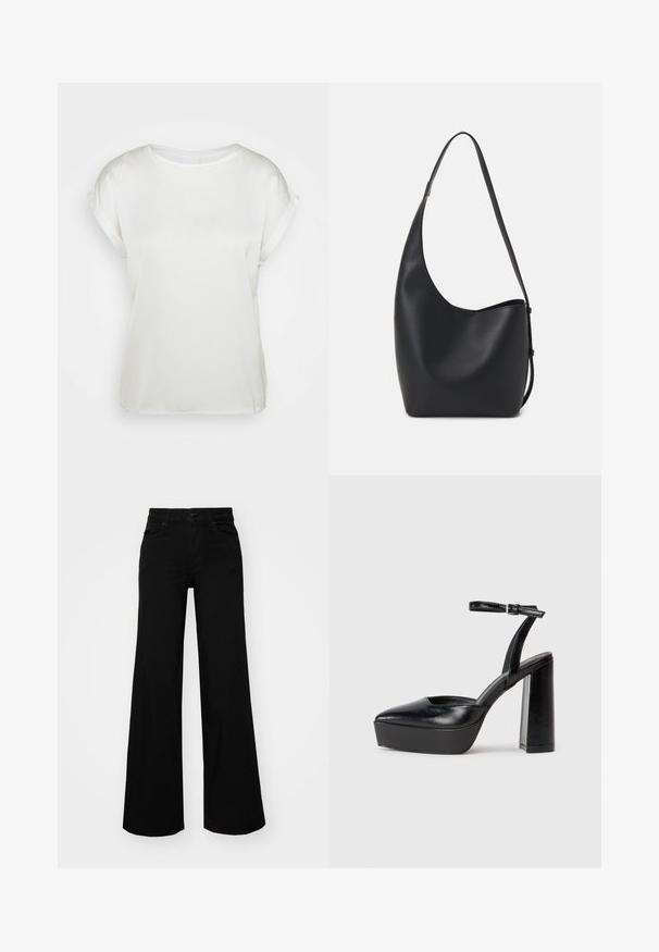 Top curto de cetim branco com mangas curtas e decote redondo. Textura suave e corte solto. Mangas dobradas acrescentam um detalhe subtil. Design minimalista.; Calças largas pretas em denim, com uma cintura estruturada, passantes para cinto e bolsos frontais. Textura suave com um design clássico.; Saltos altos pretos com bico fino e atilho ajustável no tornozelo. Confeccionados em couro suave, apresentam um salto bloco robusto.; Saco hobo preto em pele com uma textura lisa, forma curva e uma única alça ajustável; apresenta uma abertura larga na parte de cima.