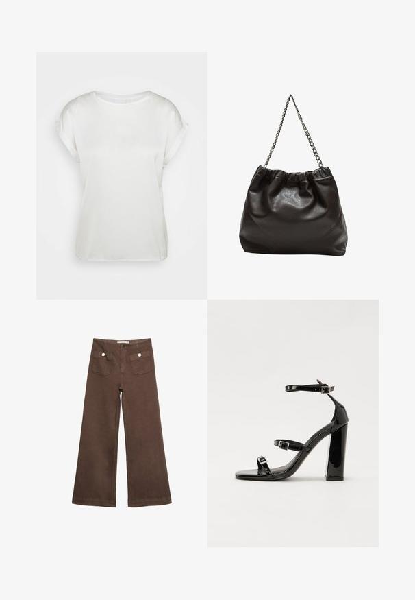 Bijela satenasta majica s kratkim rukavima i okruglim izrezom. Glatka tekstura i slobodan kroj. Rolane manške donose suptilnu pažnju. Minimalistički dizajn.; Smeđe široke hlače od pamuka, s dva prednja džepa sa srebrnim dugmadima i glatkom teksturom.; Crne lakirane sandale na visoku petu s dva remena s kopčama, kvadratnim vrhom i masivnom blok petom, s glatkom, sjajnom teksturom.; Smeđa kožna torba s naboranim vrhom i lančićem za nošenje. Glatka tekstura s sjajnim završetkom i suptilnim šavnim detaljima sa strane.