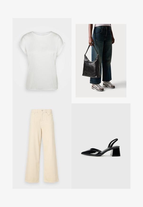 Top curto de cetim branco com mangas curtas e decote redondo. Textura suave e corte solto. Mangas dobradas acrescentam um detalhe subtil. Design minimalista.; Jeans de perna larga bege feitos de algodão. Apresentam um fecho de botão, passadores para cinto e bolsos frontais com uma textura lisa e suave.; Sandy em verniz preto com salto slingback, ponta afilada e salto geométrico. Apresenta um design elegante e minimalista com textura suave.; Bolsa de ombro em couro preto com textura suave e alça ajustável, combinada com jeans de perna larga desbotados e ténis desportivos.