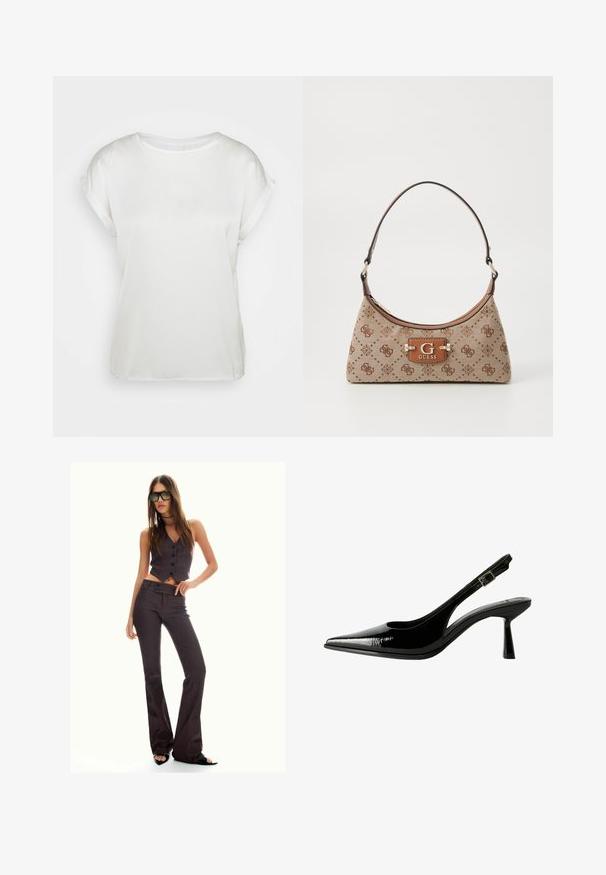 Top corto bianco in satin con collo rotondo. Texture liscia e vestibilità ampia. Le maniche arrotolate aggiungono un tocco delicato. Design minimalista.; Gilet corto a righe marroni e pantaloni a zampa d'elefante, con bottoni e un tessuto testurizzato. Scarpe nere con apertura davanti e occhiali da sole oversize.; Pumps slingback in vernice nera con punta affilata, lati sagomati, cinturino alla caviglia regolabile e tacco sottile e slanciato.; Borsa a tote in tessuto beige con dettagli a motivo marrone. Presenta una forma curva, una tracolla singola e una placca con logo nella parte anteriore con finiture in metallo argentato.
