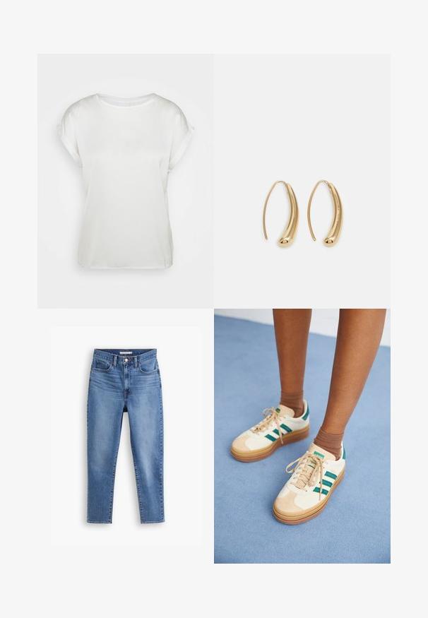 Top scurt din satin alb cu guler rotund. Textură netedă și croială lejeră. Mansete răsucite adaugă un detaliu subtil. Design minimalist.; Jeans pentru femei, de culoare albastră, cu talie înaltă, cu închidere frontală cu nasture și fermoar, bucle pentru curea și design cu cinci buzunare, așezate pe un fundal alb.; Adidași bej cu dungi verde închis, talpă din cauciuc, parte superioară din suede și material textil, și accesorii neutre, asortați cu șosete maro pe o suprafață de culoare albastră deschisă.; Cercei din metal auriu, cu un design curbat și alungit. Au o suprafață netedă și strălucitoare, cu un vârf rotunjit pentru un detaliu suplimentar.