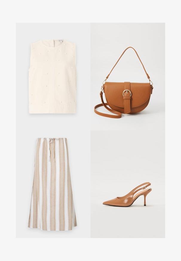 Sleeveless cream top with a round neckline, textured fabric, embellished with small round pearl accents. Features a back zipper closure.; Striped skirt in white and light brown, featuring a drawstring waist and a long, flowing design. Made from lightweight fabric with a relaxed fit.; Pointed toe slingback heel in a smooth, glossy tan material. Features a curved cutout design and a slender stiletto heel. Silver buckle detail.; Brown leather crossbody bag with a curved shape, gold hardware, and a buckle accent. Features a detachable shoulder strap.