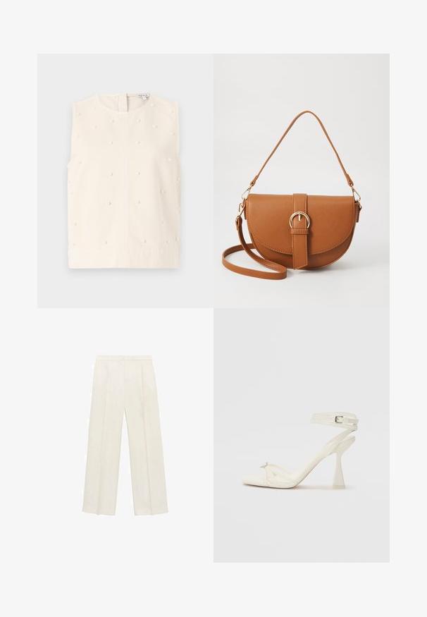 Hihaton kermahiha, pyöreä kaula-aukko, teksturoitu kangas, jossa on pieniä pyöreitä helmiakseliväriä koristeita. Takana vetoketjusuljin.; Valkoiset leveälahkeiset housut vaaleassa kermassa. Valmistettu sileästä kankaasta, jossa on laskokset edessä ja sivutaskut.; Valkoinen nahkainen strappisaapas, jossa on virtaviivainen muotoilu, läpinäkyvä lohko-osa ja koristeellinen elementti varpaassa.; Ruskean nahkainen olkalaukku, jossa on kaareva muoto, kultaiset yksityiskohdat ja solkiyksityiskohta. Varustettu irrotettavalla olkahihnalla.