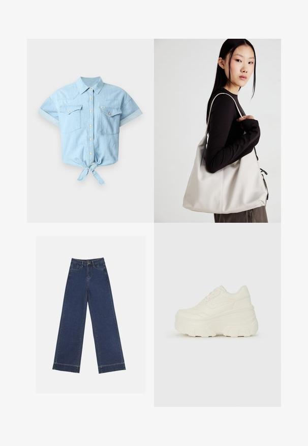 Svetlo modra denim srajca s kratkimi zavihanimi rokavi, dvema žepoma na prsih, zlatimi gumbi in detajlom z zavitim pasom. Gladka tekstura, casual oblikovanje.; Široke traperice v temno modrem denimu. Imajo pet žepov, zanke za pas in surov rob na dnu z vidnimi šivi.; Bele platformske tene z belim zgornjim delom, ki spominja na usnje, okroglo obliko, oblazinjen ovratnik ter gumo z teksturo na podplatu z izrazitimi profili.; Bežna torbica iz mehkega materiala, z ohlapno zasnovo, šivi in dvema naramnicama. Primerna za vsakodnevno uporabo.