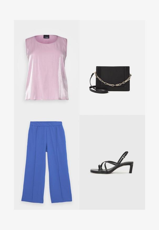 Gaiši rozā bez piedurknēm virsgaļa, kas izgatavota no spīdīga materiāla, ar apaļu kakla izgriezumu un gludu tekstūru, ar maigu krišanu un bez redzamām rakstām.; Platas kājas bikses, kas izgatavotas no mīksta, elastīga auduma spilgti zilā krāsā. Tām ir plakans jostasvieta un divi priekšējie pleci papildus dizaina detaļām.; Melnas strappy sandales ar kvadrātveida purngaliem un zemu bloku papēdi. Ievērojamas ar vairākiem plāniem siksniņām un regulējamu potītes siksniņu. Izgatavotas no gludas ādas.; Melna ādas crossbody soma ar gludu faktūru, taisnstūrveida formu un metalizētu ķēdes detaļu priekšā. Iekļauta regulējama siksna.