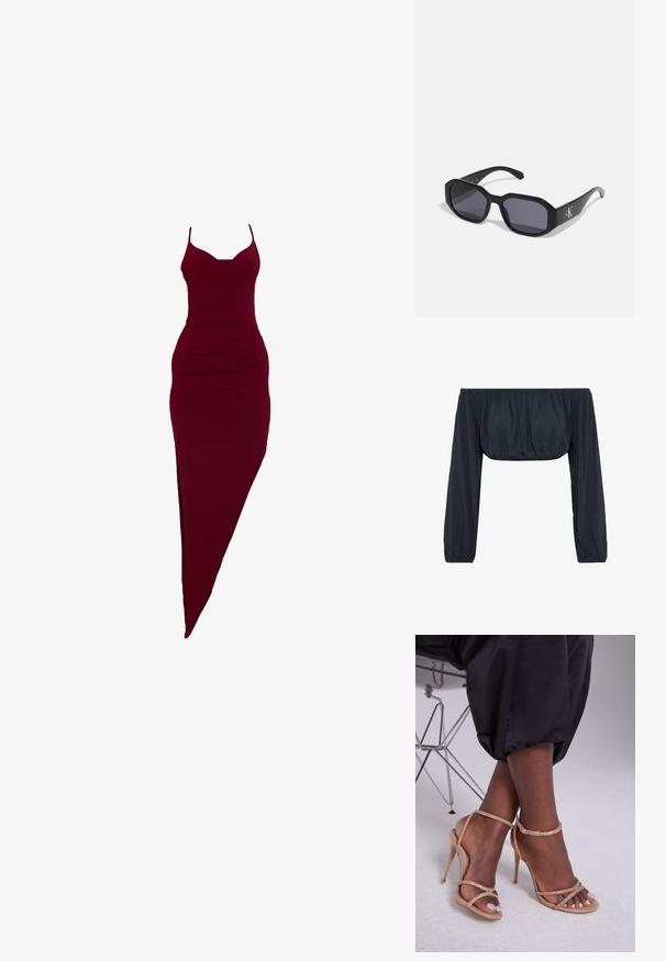 Zwarte off-the-shoulder blouse met lange, geplooide mouwen en een taillering, gemaakt van lichtgewicht stof met een gladde textuur.; Bordeaux getailleerde jurk met spaghetti bandjes, voorzien van een zijnaad en geplooide details rond de taille, gemaakt van rekbaar materiaal.; Beige hakken sandalen met kristallen versieringen, met een open teen, dunne banden en een slanke silhouet.; Zwarte zonnebril met een octagonaal frame, donkere lenzen, glanzend plastic materiaal en een zilveren logo-accent aan één kant.; Michael Kors polsbandje in beige gecoate canvas met een herhaald MK-logo patroon, gouden hardware en een afneembare kettingriem.