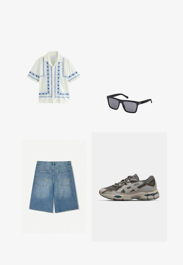 Kurzärmliges, hellgelbes Hemd mit blauer geometrischer Stickerei entlang der Knöpfe und Ärmel, mit entspanntem Kragen und boxy Schnitt.; Hellblaue Jeansshorts in lockerer Passform, mit zwei Gesäßtaschen und sichtbaren Nähten. Der Stoff hat eine weiche, glatte Textur.; Graue und beige Sportschuhe mit Mesh-Einsätzen, gepunkteter Textur und silbernen Akzenten. Sie verfügen über eine gepolsterte Sohle und ein Schnürdesign.; Schwarze rechteckige Sonnenbrille mit dunklen Gläsern, matter Oberfläche und Logodetail am Bügel. Das Design hat gerade Kanten und dicke Rahmen.