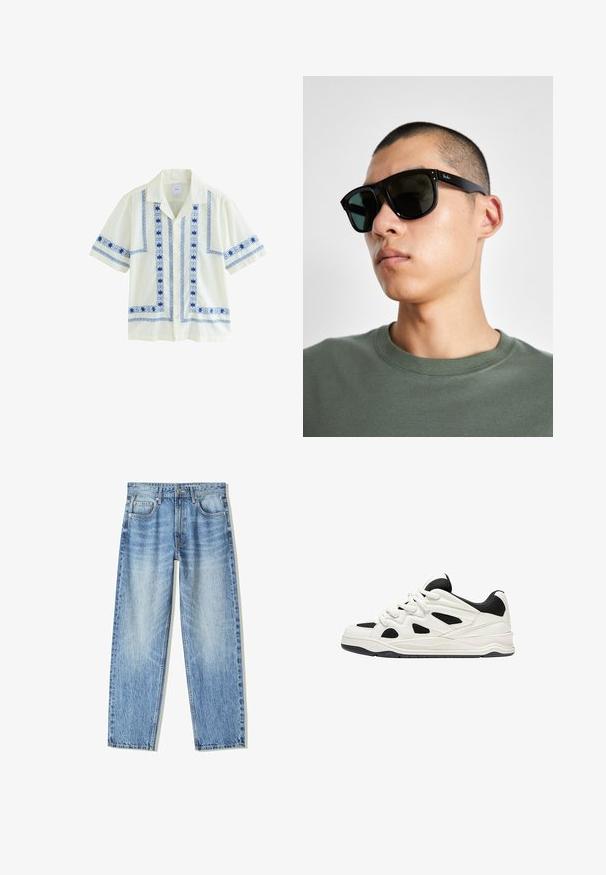 Kurzärmliges, hellgelbes Hemd mit blauer geometrischer Stickerei entlang der Knöpfe und Ärmel, mit entspanntem Kragen und boxy Schnitt.; Helle blaue Denim-Jeans mit lockerem Schnitt, geradem Bein-Design, fünf Taschen und verblasster Textur. Enthält einen Frontknopf- und Reißverschluss.; Weiß-schwarze Sportschuhe mit einer strukturierten Sohle, die auf der Seite ausgeschnittene Designs und Schnürsenkel aufweisen, sowie eine gepolsterte Ferse für Unterstützung.; Schwarze rechteckige Sonnenbrille mit dunklen Gläsern, die eine markante Form und eine Markierung am Bügel aufweist. Getragen von einer Person in einem grünen Hemd.