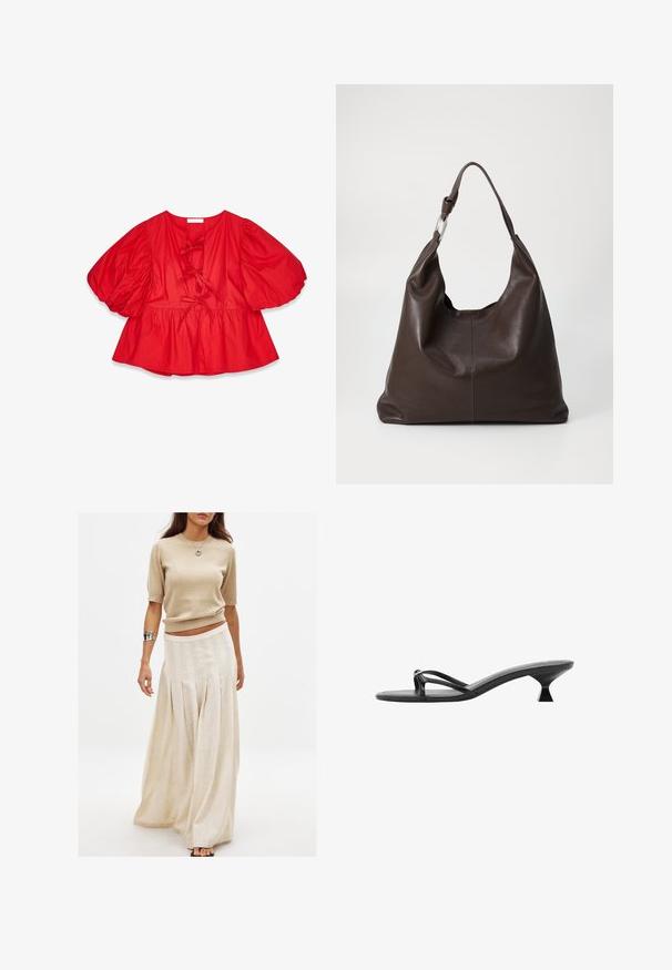 Röd blus med puffärmar i lätt material, med en lös passform, knytning vid halsen och en utsvängd nederkant.; Beige stickad kortärmad topp i kombination med en lång, flödande krämfärgad kjol med vertikala veck och en slät textur.; Svarta klacksandaler med en strömlinjeformad design, tunna remmar och en unik triangulär klack. Slät textur med en minimalistisk look.; Zign LEATHER - Shoppingväska - chocolate brown