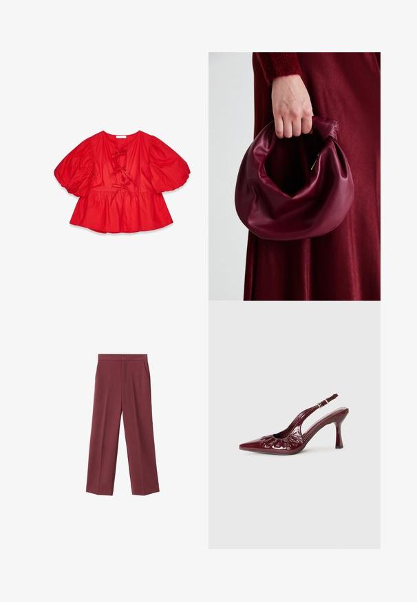 Červená blúzka s nafúknutými rukávmi vyrobená z ľahkého materiálu, s voľným strihom, viazaním na krku a rozšíreným lemom.; Bordové nohavice s širokými nohavicami a hladkým povrchom, s bočnými vreckami a vysokým pásom. Ušité s čistým predným záhybom.; Burgundské lakové lodičky s otvorenou pätou, špicatou špičkou a volánikmi, s úzkym opätkom a nastaviteľným remienkom okolo členku.; Burgundská kožená kabelka s mäkkým, zhromaždeným dizajnom a zaobleným tvarom. Rukoväť je pevne zaisťujúca a vystavuje hladkú textúru.