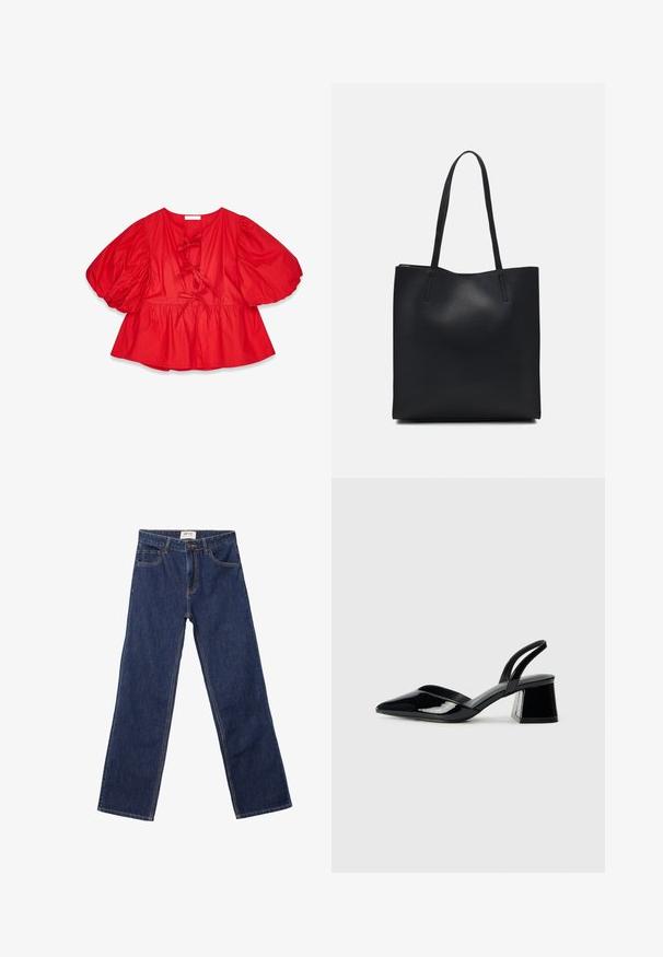 Rød bluse med puffærmer i let stof, der har en løs pasform, snøredetaljer ved halsudskæringen og en flagrende kant.; Mørkeblå lige ben jeans med forlommer, bæltesløjfer og knaplukning.; Sorte patentlæder slingback hæle med spids tå og en geometrisk blok hæl. Har et elegant, minimalistisk design og en glat tekstur.; Sort læder tote taske med glat tekstur, rektangulær form og to lange hanke. Ingen synlig hardware eller udsmykninger.