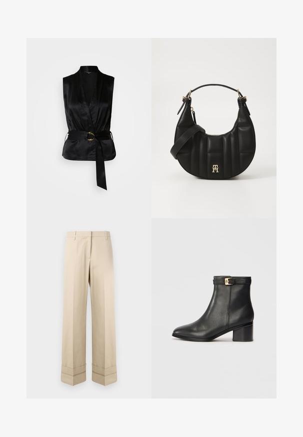 Top senza maniche in satin nero con design avvolgente, caratterizzato da una vita con cintura e un'accoppiata di anelli dorati. Texture liscia e forma tailored.; Pantaloni beige con vestibilità dritta, caratterizzati da un doppio risvolto all'orlo e un design frontale piatto. Realizzati in tessuto liscio e resistente.; Stivali alla caviglia in pelle nera con una texture liscia, punta arrotondata e un accento in metallo dorato sulla cinghia alla caviglia. Design con tacco a blocco.; Borsa a spalla in pelle nera con forma curva, texture trapuntata e dettagli in oro. Presenta una tracolla removibile e dettaglio del logo.