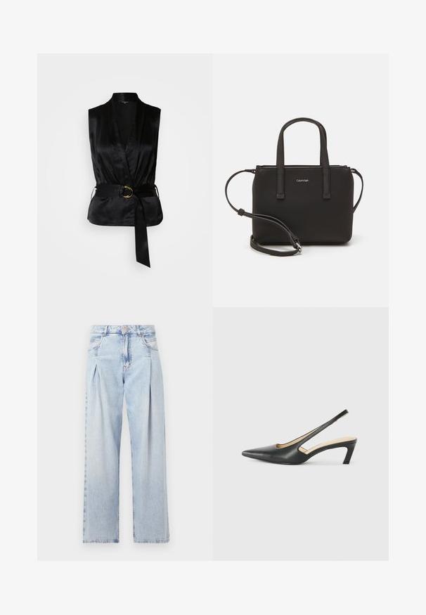Zwarte satijnen mouwloze top met een wikkeldesign, voorzien van een ceintuur in de taille en een gouden ringaccent. Gladde textuur en op maat gesneden vorm.; Lichtblauwe denim jeans met een hoge taille, wijde pijpen, twee zijzakken en geplooid ontwerp. Zachte textuur met een vervaagd uiterlijk.; Zwarte puntige slingback schoen met een lage hak, gemaakt van soepel leer en voorzien van een uitsnede aan de zijkant voor ventilatie.; Zwarte handtas met dubbele korte handvatten en een afneembare schouderriem. Glad, leerachtig materiaal met een ritssluiting en logo-detail.; Zilveren oorringen met een gladde, gebogen vorm. Voorzien van een glanzende metallic afwerking en studsluiting. Geen zichtbare patronen of accenten.