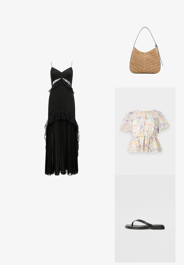 Cvečni peplum bluzon iz prozorne tkanine, s pastelno cvetje v oranžni, vijolični in zeleni barvi. Kratki napihnjeni rokavi in nabran ovratnik.; Črna maxi obleka s spaghetti naramnicami, čipkastimi detajli, plastenimi volani na pasu in nabranim krilom. Gladka tekstura, eleganten silhueta.; Črne japanke iz gladke usnjene materiale, z tankim trakastim dizajnom in ravnim podplatom minimalnega profila. Brez opaznih vzorcev ali dodatkov.; Tkanina iz slame za ramensko torbico s ukrivljeno obliko, ki ima temno usnjeno naramnico in teksturo s chevron vzorcem.