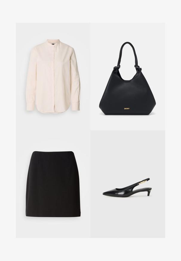Light pink long-sleeve shirt with a stand-up collar, button front, and slightly rounded hem; made of smooth fabric with a minimalist design.; Black skirt with a fitted silhouette, made from a smooth fabric. Features subtle front pleats and a mid-thigh length design.; Black leather slingback heels with a pointed toe, featuring a slim heel and a gold-tone accent on the adjustable strap. Smooth texture.; Black leather tote bag with a textured finish, knotted handle accents, and gold logo detail at the base. Features a slouchy silhouette.; Gold-toned drop earrings with a teardrop shape, featuring a shiny metallic finish and a silver-colored bead accent.