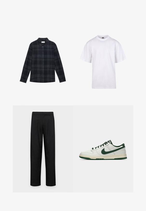 Fekete és szürke kockás flanel ing, gombos elejével, hosszú ujjaival és klasszikus gallértervével.; Fehér pamut póló kerek nyakkivágással, rövid ujjal és laza szabással. Egyszerű dizájnnal rendelkezik, minták vagy díszek nélkül.; Fekete nadrág sima anyagból, egyenes szárú fazonnal, két elülső redővel és közönséges derékkal, övhurkokkal.; Fehér, alacsony szárú sneaker sötétzöld Nike swoosh-zsal, fűzőkkel és talp kiemelésekkel, profilból bemutatva egy sima fehér háttér előtt.