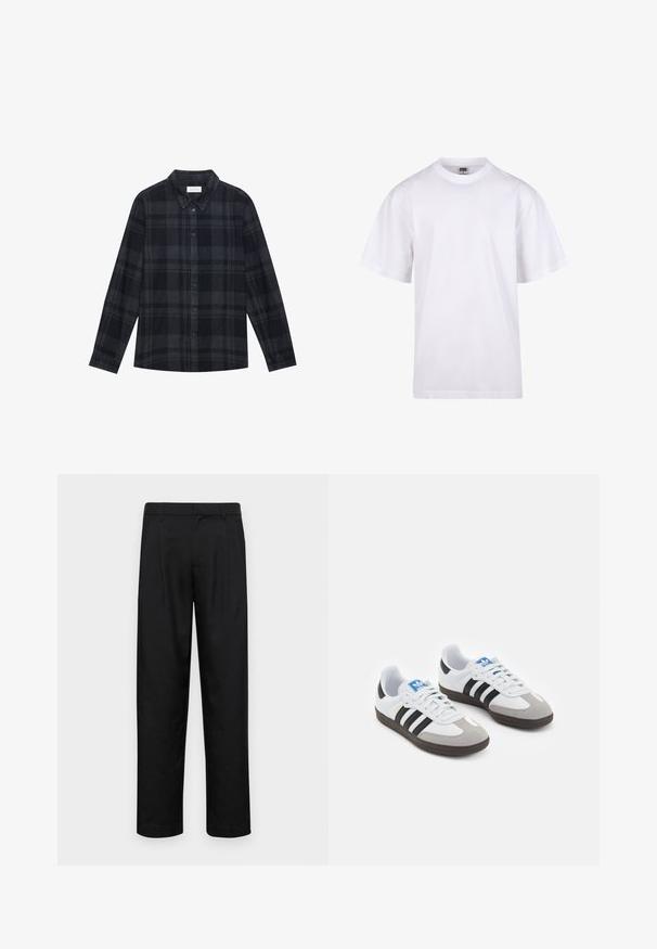 Schwarz-graues Karomuster-Hemd aus Flanell, mit einer Knopfleiste vorne, langen Ärmeln und einem klassischen Kragendesign.; Weißes Baumwoll-T-Shirt mit Rundhalsausschnitt, kurzen Ärmeln und lockerer Passform. Hat ein schlichtes Design ohne Muster oder Akzente.; Schwarze Hose aus glattem Stoff, mit geradem Bein Design, zwei vorderen Falten und einem Standardbund mit Gürtelschlaufen.; Sportschuhe mit einem Obermaterial aus weißem Leder, grauer Wildleder-Zehenkappe und drei schwarzen Streifen. Sie verfügen über ein blaues Logo auf der Zunge und eine strukturierte Gummisohle.