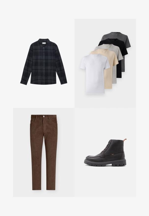 Zwart en grijs geruite flanellen shirt met een knoopsluiting aan de voorkant, lange mouwen en een klassiek kraagontwerp.; Set van vijf T-shirts met korte mouwen in wit, beige, lichtgrijs, donkergrijs en zwart. Gemaakt van gladde katoen en voorzien van een ronde hals.; Bruine corduroy broek met een rechte snit, voorzien van een knoopsluiting, voorzakken en een verticale ribbelstructuur door het hele ontwerp.; Bruine leren enkellaarzen met ronde neus, ton-sur-ton stiksels, robuuste zwarte rubberen zool en een oranje trekband aan de hiel.
