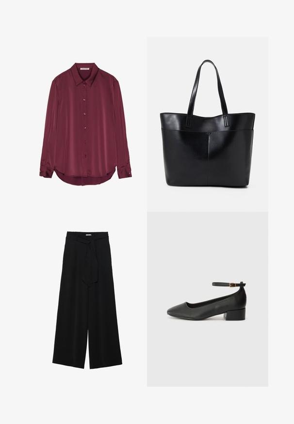 Burgundy, hosszú ujjú blúz sima szatén anyagból, gallérral, gombos elülső résszel és lekerekített hemmel. A gombok megegyeznek az anyag színével.; Fekete, bő szárú nadrág, texturált anyagból, rugalmas derékpánttal és levehető sállal a derekán, amely állítható illeszkedést biztosít.; Fekete bőr magassarkú cipő hegyes orral és alacsony tömb sarkal. Bokapánttal rendelkezik, aranyszínű csattal. Simább textúra.; Fekete bőr bevásárlótáska két hosszú fogantyúval, sima felülettel és strukturált formával. Elülső zseb található rajta a plusz tárolás érdekében.