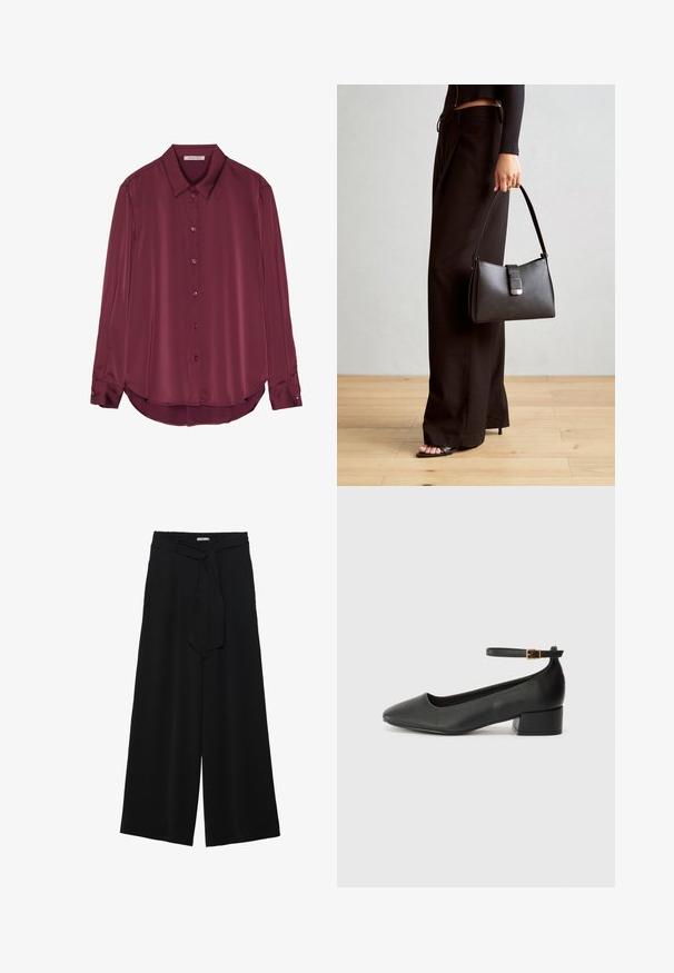 Blusa bordeaux a maniche lunghe in morbida satin, con colletto, chiusura a bottoni davanti e orlo arrotondato. I bottoni si abbinano al colore del tessuto.; Pantaloni neri a gamba larga caratterizzati da un tessuto testurizzato, una vita elastica e una cintura staccabile per una vestibilità regolabile.; Pump in pelle nera con punta affusolata e tacco basso a blocco. Presenta una cinghia alla caviglia con una fibbia in tonalità oro. Texture liscia.; Borsa nera con forma strutturata, texture liscia e una chiusura metallica. Abbinata a pantaloni neri larghi e sandali open-toe su un pavimento in legno.