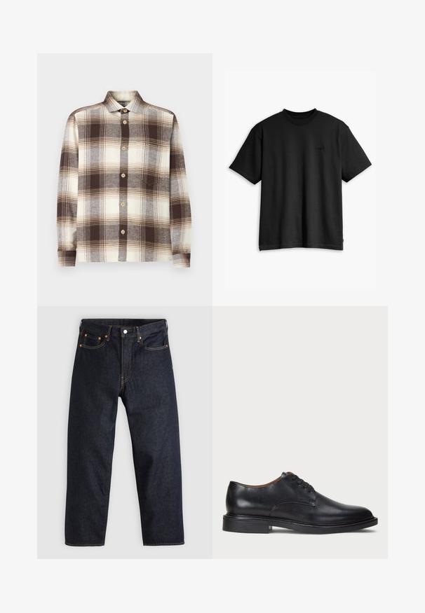 Hnědá a krémová kostkovaná košile na knoflíky s dlouhými rukávy, vyrobená z měkké látky; má rozšířený límec a světle dřevěné knoflíky.; Černé bavlněné tričko s kulatým výstřihem a krátkým rukávem. Má decentní logo na přední straně a rovný lem. Jednoduchý a minimalistický design.; Tmavomodré džíny z denimu se straight střihem, pěti kapsami, kontrastním oranžovým šitím a knoflíkovým zapínáním. Žádné viditelné vzory ani ozdoby.; Černé kožené společenské boty s kulatou špičkou, šněrováním a nízkým podpatkem. Hladký povrch s minimálním šitím.