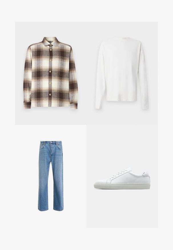 Rudas ir kremu margintas langeliais marškiniai su ilgomis rankovėmis, pagaminti iš minkštos medžiagos; turi išskirtinį apykaklę ir šviesius medinius mygtukus.; Ilgų rankovių baltas medvilninis marškinis su apvalia iškirpte, šonuose su plyšiais apačioje ir lygia tekstūra, rodomas iš nugaros.; Šviesiai mėlyni džinsai su tiesiu kirpimu, penkios kišenės, mygtuko užsegimas, minimalus blukimas ir kontrastingi siuvimo detalės.; Baltas sportinis batelis su lygiu odiniu paviršiumi ir žemu profiliu. Turi suapvalintą pirštą, šešis akių skyrius ir tekstūruotą gumos padą.