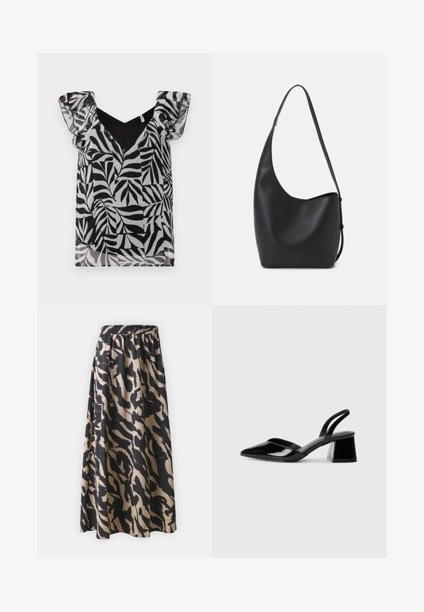 Blomstermønster med svart og hvit farge på bluse med gjennomsiktige, voluminøse ermer og V-hals. Laget av lett materiale med en jevn tekstur.; Svart og beige lang skjørt med elastisk midjebånd, med et abstrakt dyremønster og en flytende silhuett.; Svarte patentlær slingback hæler med spiss tå og geometrisk blokk hæl. Har et stilrent, minimalistisk design og jevn tekstur.; Svart lær hobo-veske med glatt tekstur, buet form og enkelt justerbart stropp; har en bred åpning på toppen.