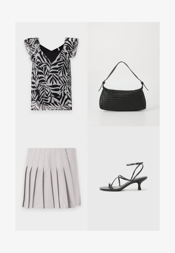 Blusa com padrão de folhas em preto e branco, com mangas transparentes e com pregas e decote em V. Feita de tecido leve com uma textura suave.; Saia cinza plissada com uma textura suave, apresentando múltiplos pregas verticais e uma cintura ajustada. Feita de tecido leve.; Sandálias pretas de salto alto com tiras finas, design aberto na ponta e um pequeno salto largo. O material parece suave e brilhante.; Bolsa de ombro preta entrelaçada com alça de couro lisa e fecho com zíper. Apresenta uma superfície texturizada e forma curvada.