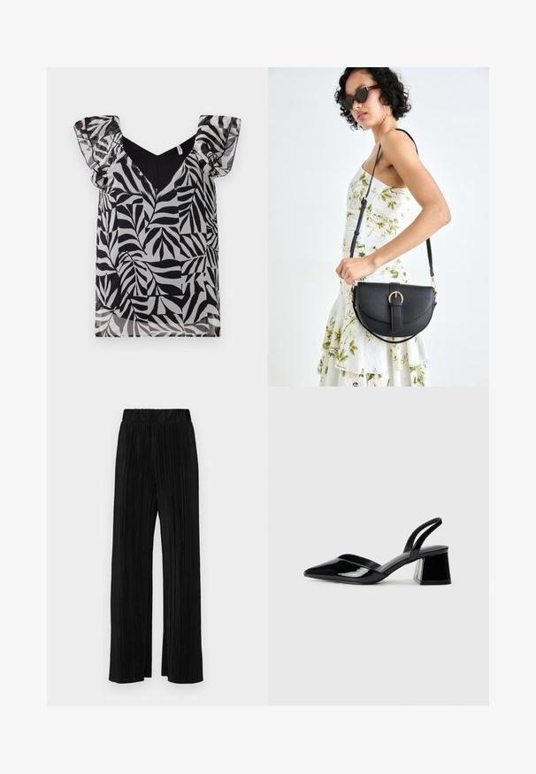 Blúzka s čierno-bielym vzorom listov, so priehľadnými volánovými rukávmi a V-výstrihom. Vyrobená z ľahkého materiálu s hladkou textúrou.; Čierne plisované nohavice s elastickým pásom. Majú široké nohavice a hladkú, textúrovanú látku s vertikálnymi pruhmi.; Čierne lakované kožené sandálové podpätky s špicatou špičkou a geometrickým blokovým podpätkom. Disponujú elegantným, minimalistickým dizajnom a hladkým povrchom.; Čierna kožená kabelka s zaobleným tvarom, odnímateľným popruhom a zlatými doplnkami. Kabelka má klopu s detailom s prackou.