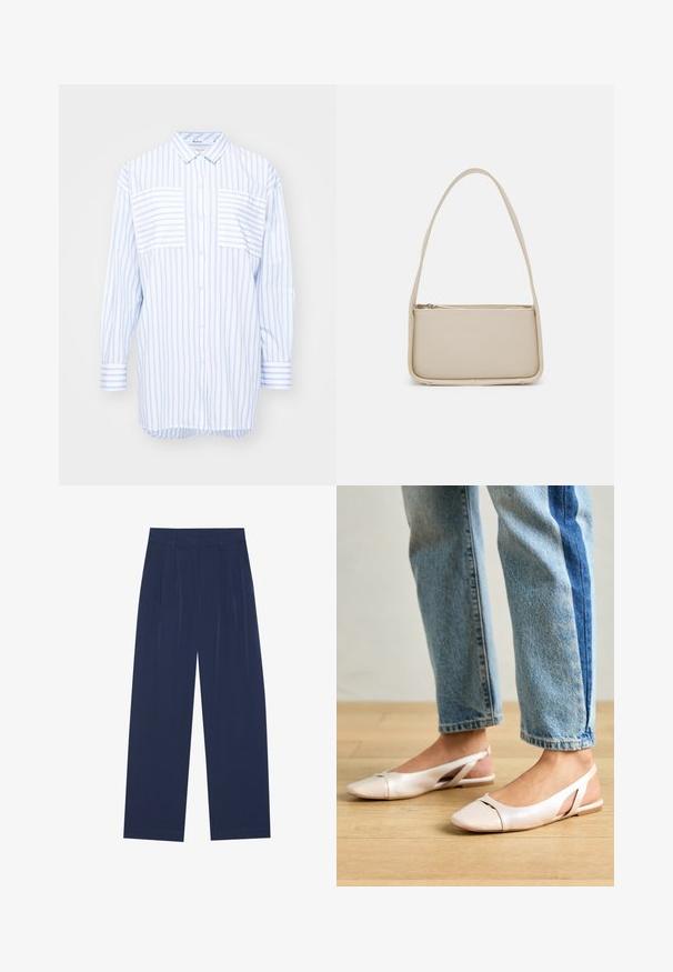 Barbour NICOLA - Πουκαμίσα με κουμπιά - white/blue; Ναυτικό μπλε παντελόνια με φαρδιά πόδια από μαλακό ύφασμα, με εμπρόσθιες πτυχώσεις, λεία υφή και ίσια εφαρμογή χωρίς ορατές τσέπες.; Ανοιχτό ροζ εσπαντρίγες με μυτερές μύτες, κατασκευασμένες από υλικό που μοιάζει με δέρμα. Διαθέτουν κομψές κοπές στα πλάγια και επίπελο τακούνι.; Even&Odd Τσάντα χειρός - off white