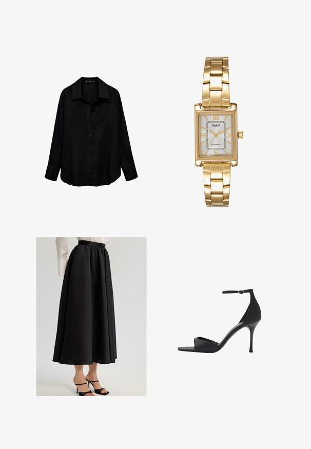 Camicia in lino nera con colletto, maniche lunghe e chiusura frontale con bottoni; presenta una vestibilità rilassata e un orlo leggermente arrotondato.; Gonna nera maxi realizzata in tessuto liscio, caratterizzata da una vita arricciata e un design fluido, abbinata a sandali neri con cinturini.; Mango Sandali con tacco - black; Orologio da polso rettangolare dorato con quadrante bianco, indicatori delle ore in tono argento e un robusto bracciale in metallo. Include la funzione di resistenza all'acqua.