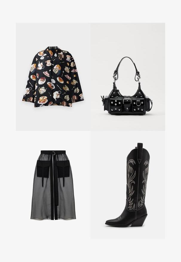 Svart skjorta med ett upprepat mönster av tekannor, kakor och bakverk. Materialet verkar mjukt och glatt, med korta ärmar och knappar.; Svart genomskinlig kjol med en rynkad midja, utrustad med två stora framfickor, ett midjesnöre och en cirkulär metallaccent.; Svarta lädercowboystövlar med spetsiga tår, kilklackar och silverbroderade blommönster längs skaftet. Kontraststickning genom hela stöveln.; Svart läderhandväska med en kurvad design, prydd med silverfärgade nitar, ett spänne och två sidofickor. Justerbar rem för olika bäralternativ.