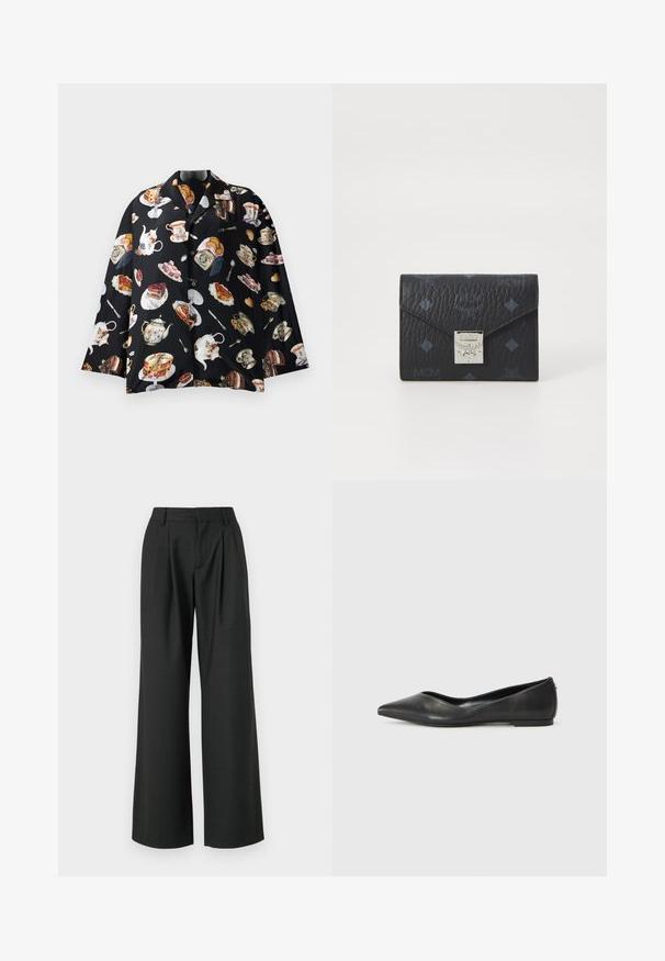 Fekete póló, amelyen teáskannák, torták és péksütemények ismétlődő mintázata látható. Az anyag lágy és sima, rövid ujjú, gombokkal ellátva.; Won Hundred CAMILLE TROUSERS - Nadrágok - licorice; Fekete bőr balettcipő hegyes orral, alacsony sarkú és sima textúrájú. Minimális dizájn, diszkrét oldalsó akcentussal.; Fekete bőr tárca, texturált felülettel, emboszált logómintákkal, háromszög alakú fedéllel és fém ezüst csattal, lánccal díszítve.