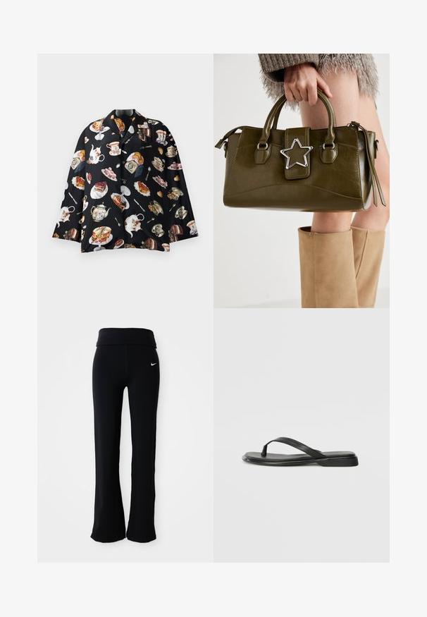 Zwarte shirt met een herhaald patroon van theepotten, taarten en gebakjes. Het materiaal lijkt zacht en glad, met korte mouwen en knopen.; Zwarte sportbroeken met een brede tailleband, gemaakt van een gladde, rekbare stof. Voorzien van een klein, wit Nike-logo op de heup.; Zwarte teenflip-flop van glad leer, met een dunne band en een platte zool met een minimalistisch profiel. Geen opvallende patronen of accenten.; Olijf groen neplederen handtas met zilveren steraccent, dubbele handvatten en een ritssluiting. Gelaagd oppervlak en gestructureerde vorm.