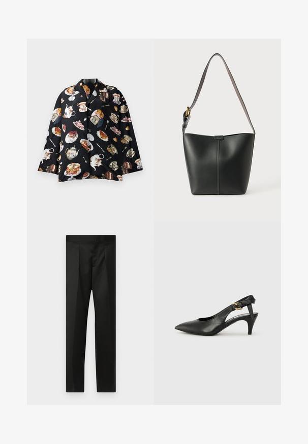Black shirt featuring a repeated pattern of teapots, cakes, and pastries. Material appears soft and smooth, with short sleeves and buttons.; Black trousers featuring a smooth fabric, tailored design, straight legs, and a flat waistband with no visible closures or pockets.; Black leather slingback pump with a pointed toe, small heel, and a buckle detail on the ankle strap. Smooth texture, minimalist design.; Black leather shoulder bag with a smooth texture, curved shape, and a single adjustable strap featuring gold hardware and a branded accent.