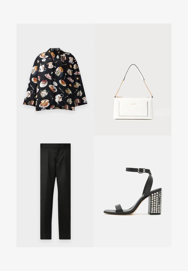 Czarna koszula z powtarzającym się wzorem herbatników, ciast i słodkości. Materiał wydaje się miękki i gładki, z krótkimi rękawami i guzikami.; Czarne spodnie wykonane z gładkiego materiału, z dopasowanym krojem, prostymi nogawkami oraz płaskim pasem bez widocznych zapięć lub kieszeni.; Czarne skórzane sandały na obcasie z paskiem na kostkę. Charakteryzują się kwadratowym noskiem, gładką teksturą oraz kwadratowym słupkiem ozdobionym srebrnymi ćwiekami.; Biała skórzana torebka o teksturowanym wykończeniu, z złotą łańcuszkową rączką i czarnymi akcentami. Zawiera przednią kieszeń oraz zamek błyskawiczny.