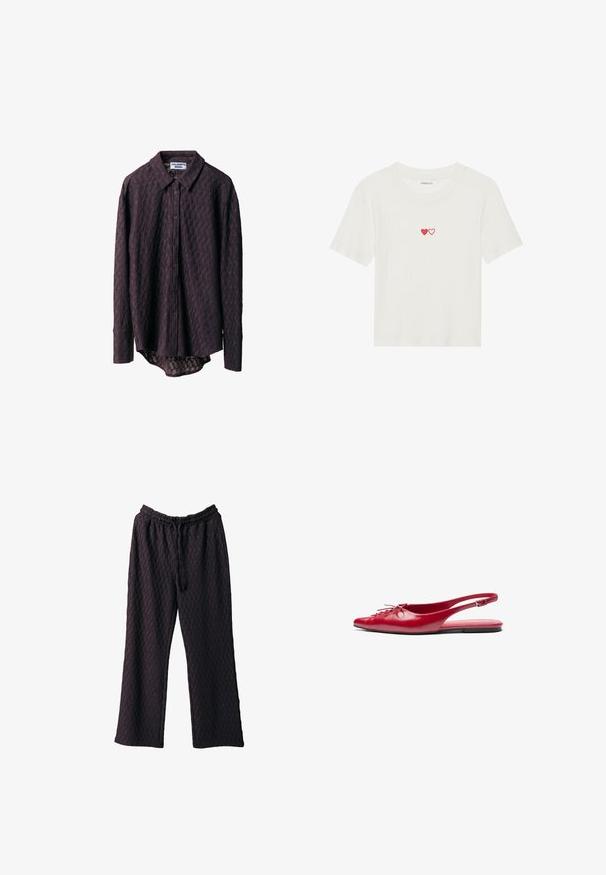 Cămașă cu mânecă lungă, cu nasturi, de culoare purpuriu închis, având un design texturat cu un model subtil de diamante și o margine curbă.; Tricou scurt cu maneci, alb, cu dungi, având două inimi roșii brodate pe piept. Material moale, cu un design clasic cu guler rotund.; Pantaloni largi de culoare violet închis, confecționați dintr-un material texturat, având un elastic la talie și închidere cu șnur pentru un fit ajustabil.; Sandalete plata roșii din piele cu vârf ascuțit și un detaliu decorativ de șireturi în față, având o curea subțire pentru gleznă și talpă plată.