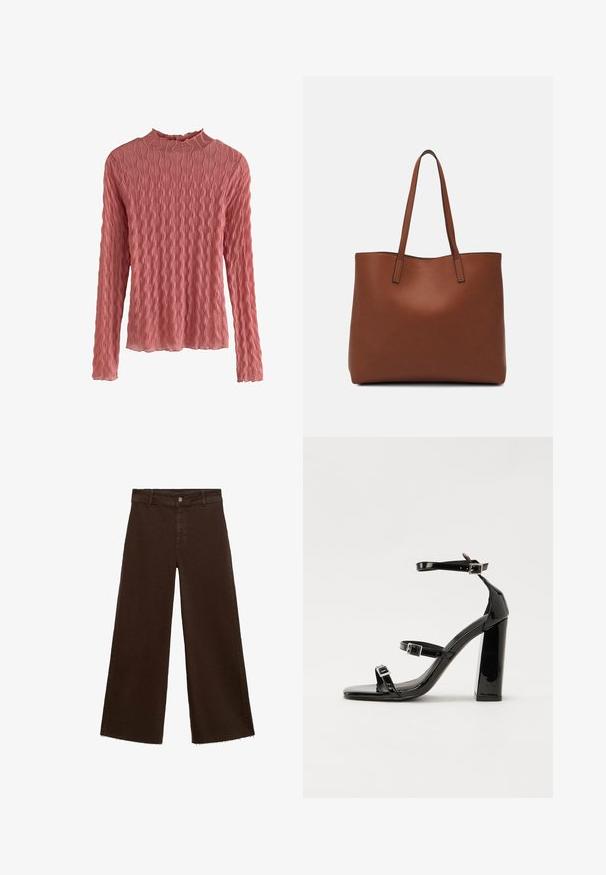 Ribbede langærmede top i blød pink, med høj hals og struktureret mønster med bølgende linjer. Stoffet fremstår let og let gennemsigtigt.; Brune viddebukser i en bomuldsblanding, med en frynset kant, frontknaplukning og klassisk fem-lomme design. Minimalistiske og alsidige.; Sorte patenterede hælsandaler med firkantet tå, ankelremme og sølvspænder. Har en chunky blokHæl for stabilitet.; Brun læder tote taske med en glat overflade, åben topdesign og to skulderremme. Har minimal syning og ingen synlig hardware.