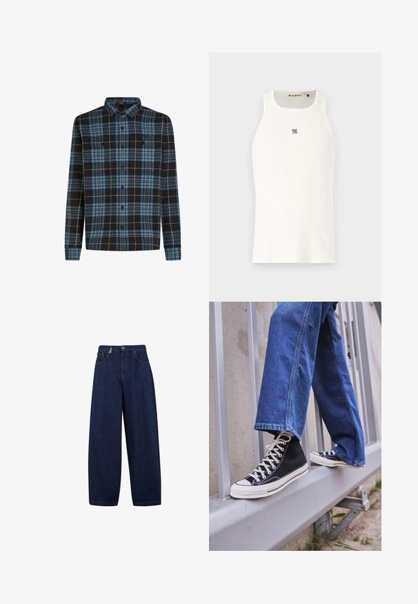 Svart och blått rutigt flanellskjorta med ett rutmönster, långa ärmar, knappstängning framtill och två bröstfickor. Tillverkad av mjukt tyg.; Vit ärmlös linne av ribbad tyg, med en liten grå logotyp på bröstet. Enkelt mönster med rundad halsringning.; Lösa mörkblå denimjeans med hög midja, framfickor och rakt benformat. Inkluderar silverfärgade detaljer och minimal sömnad.; Svarta högskurna sneakers med vit sula och snören, tillsammans med lösa blå jeans, vilande på ett grått räcke.